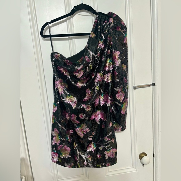 Self-Portrait Midnight Bloom One Shoulder Sequined Cocktail Dress - Picture 3 of 8